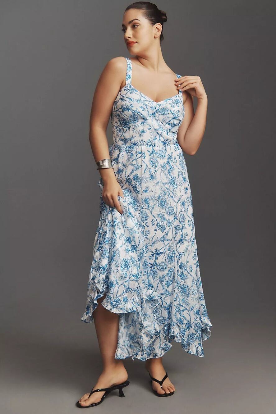 Anthropologie Hutch Blue Printed Twist-Front Ruffle-Hem Dress Size 2XL Toile